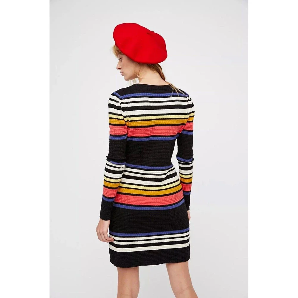 FREE‎ PEOPLE Black Striped Long Sleeve Gidget Sweater Mini Dress Ribbed MEDIUM